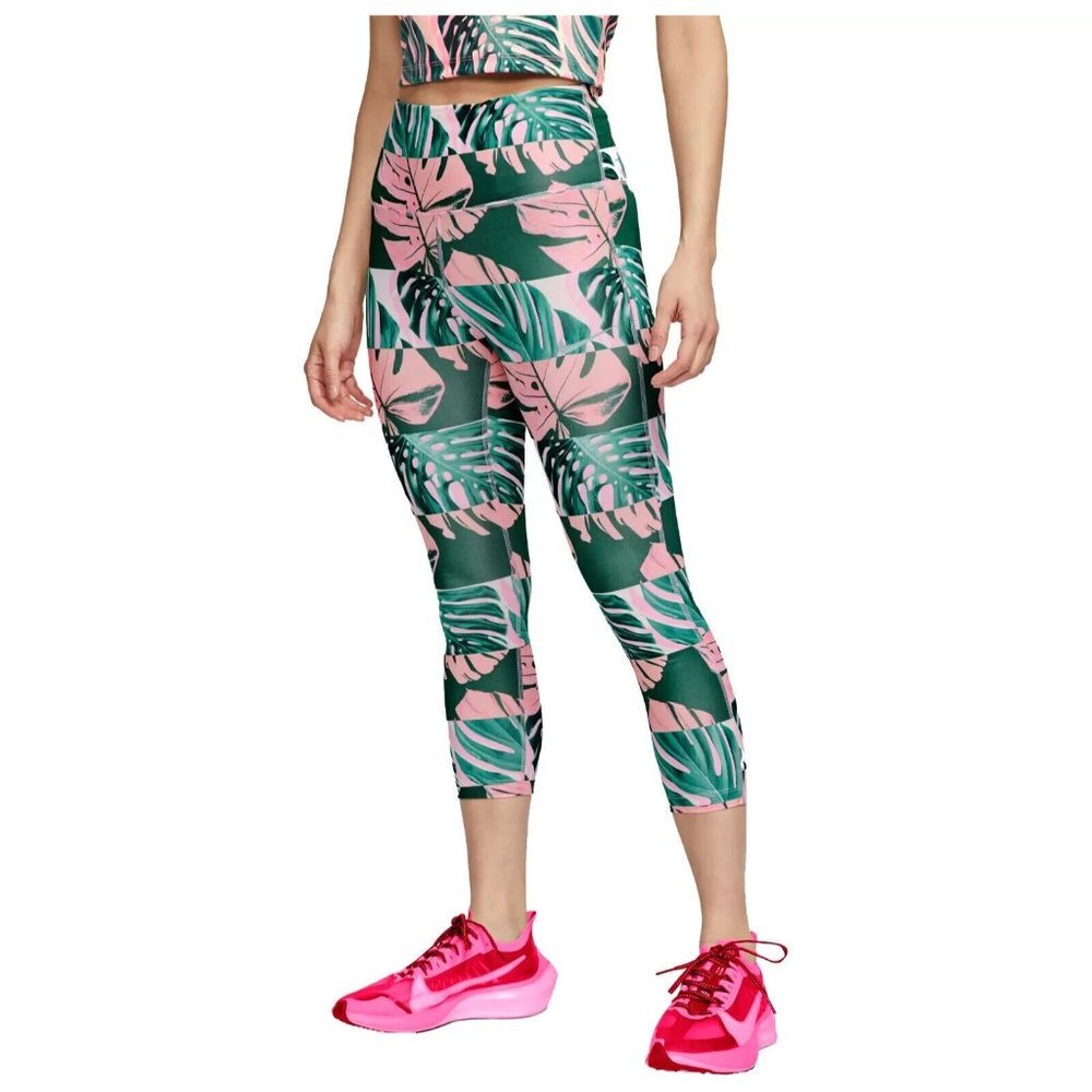 128 Nike Women's Fast Crop Running Tights Green Pink Sz Medium